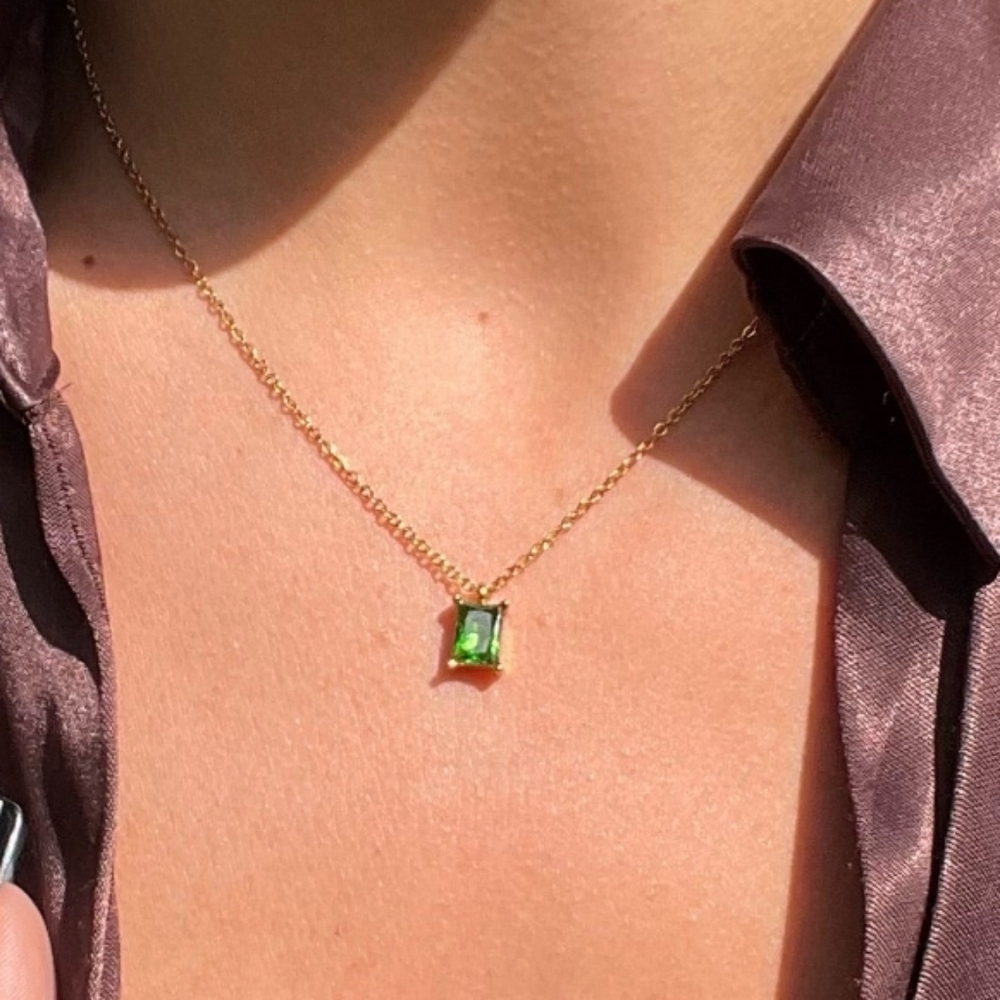ELLIE VAIL Gold Bethany Baguette Necklace With Emerald Green Gemstone 16" Inches